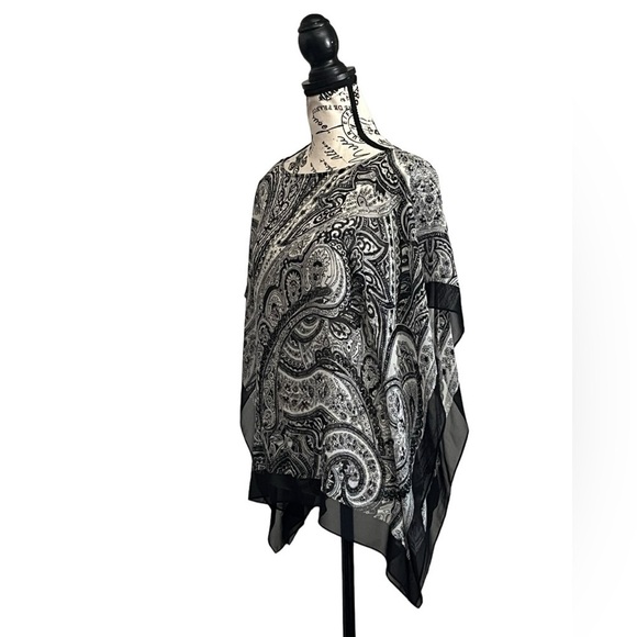 Talbots Black White Silk Paisley Boxy Oversized Poncho Sheer Xs/s Boho Oversized - Picture 3 of 8